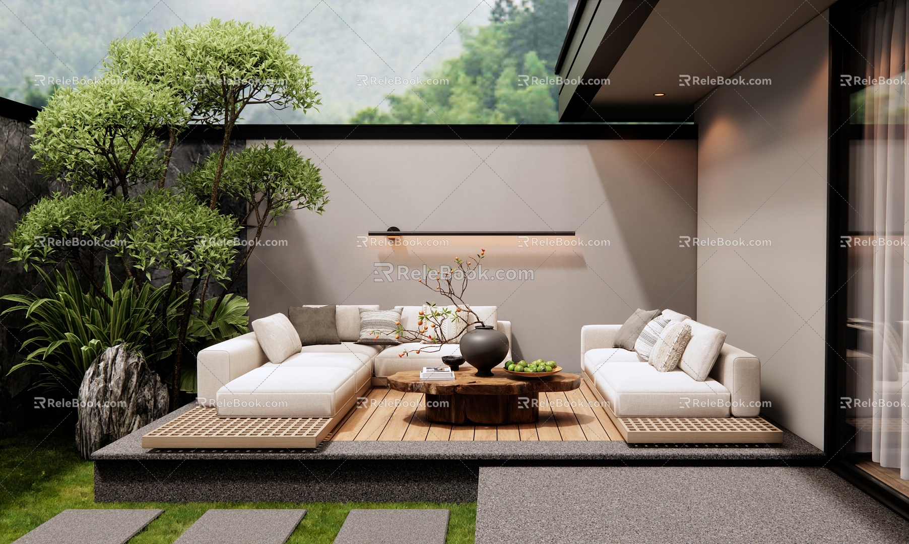 Outdoor sofa log coffee table plant pile courtyard garden 3d model