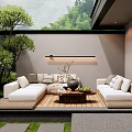 White Outdoor Sofa On Wooden Deck With Lush Greenery Coffee Table And Gray Wall