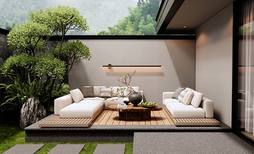 Outdoor sofa log coffee table plant pile courtyard garden 3d model