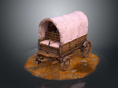Vintage Wooden Wagon With Pink Canvas Cover And Wheels On Orange Ground 3d model