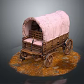 Vintage Wooden Wagon With Pink Canvas Cover And Wheels On Orange Ground