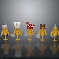 Various Yellow Block Characters with Mushroom and Animal Head Decorations Holding White Items