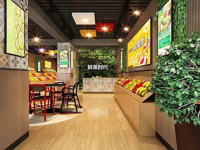 Fresh Fruit Store Interior With Colorful Fruit Displays Dining Tables Green Plants And Bright Lighting 3d model