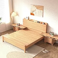 Wooden Double Bed with Headboard Nightstand Table Lamp Potted Plant and Wall Art Near Window