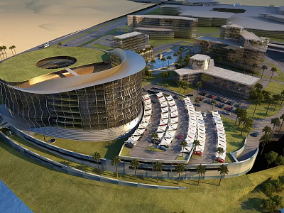 Aerial View Planning of Modern Architectural Complex With Unique Shape Parking Lot And Palm Trees 3d model
