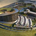 Aerial View Planning of Modern Architectural Complex With Unique Shape Parking Lot And Palm Trees