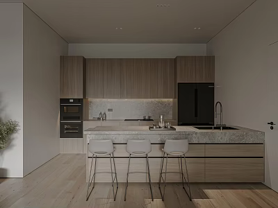 Modern Kitchen Interior Design With Wooden Cabinets Island Counter And Bar Stools 3d model