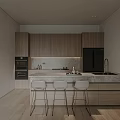 Modern Kitchen Interior Design With Wooden Cabinets Island Counter And Bar Stools