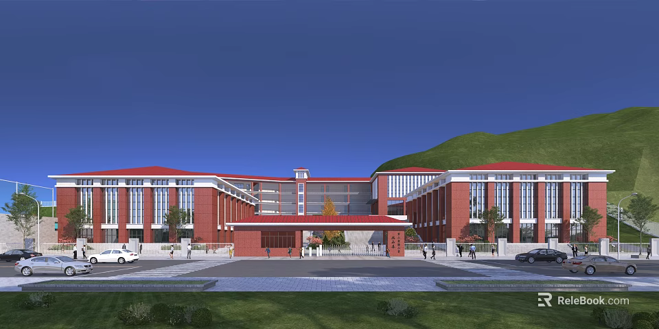 Grand Red Brick Building Entrance Gate With Red Roof Plaza Trees And Mountain Backdrop 3d model 