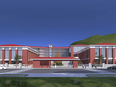 Grand Red Brick Building Entrance Gate With Red Roof Plaza Trees And Mountain Backdrop 3d model