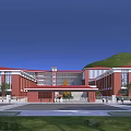 Grand Red Brick Building Entrance Gate With Red Roof Plaza Trees And Mountain Backdrop