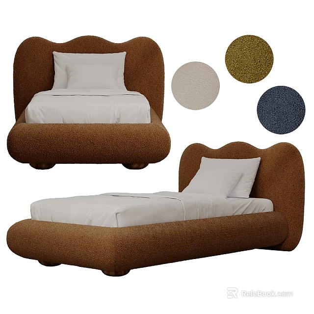 Modern Plush Brown Double Bed With Curved Headboard And Color Samples 3d model 