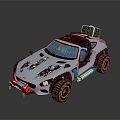 Silver Custom Off Road Vehicle With Large Tires Roof Rack And Body Graphics