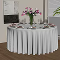 Elegant Round Dining Table Setup With White Tablecloth Purple Tulips Wine Glasses And Dinnerware 3d model