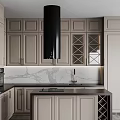 Modern Kitchen Light Gray Cabinets With Marble Countertop And Black Range Hood