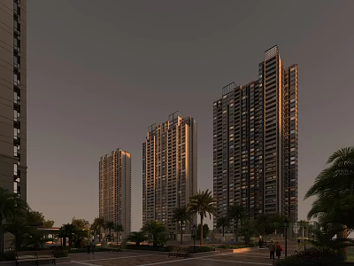 High Rise Residential Buildings With Modern Facade And Palm Trees In Evening Light 3d model