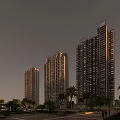 High Rise Residential Buildings With Modern Facade And Palm Trees In Evening Light