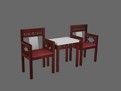 Chinese Style Table and Chair Set with Carved Patterns Red Cushions Square White Tabletop 3d model