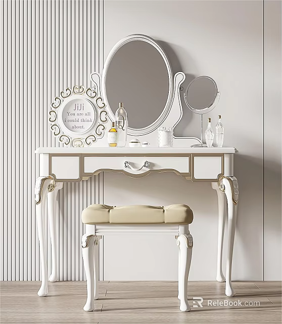 White Classic Vanity Table With Ornate Legs Round Mirror Stool And Cosmetic Bottles 3d model 