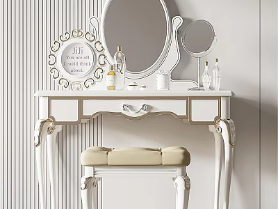 White Classic Vanity Table With Ornate Legs Round Mirror Stool And Cosmetic Bottles 3d model