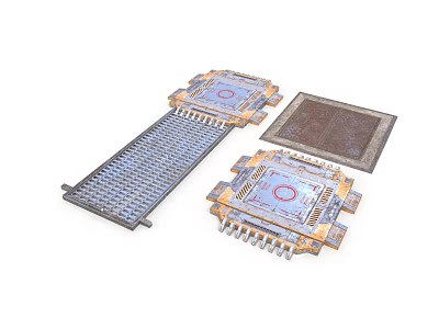 Electronic Circuit Components Featuring Square Chips Complex Patterns Metal Grid And Textured Plate 3d model