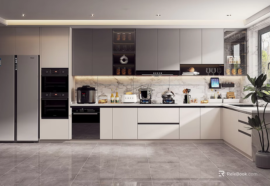 Modern Kitchen Interior Design With White Cabinets Appliances And Tile Floor 3d model