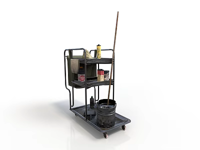 Black Metal Cleaning Cart With Shelves Mop Bucket And Cleaning Supplies 3d model