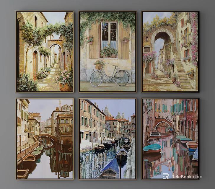 European Landscape Paintings With Street Scenes Vines Bicycles Canal Views And Boats 3d model 