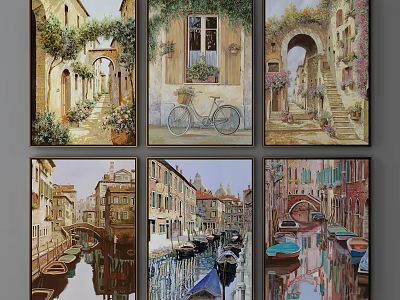 European Landscape Paintings With Street Scenes Vines Bicycles Canal Views And Boats 3d model