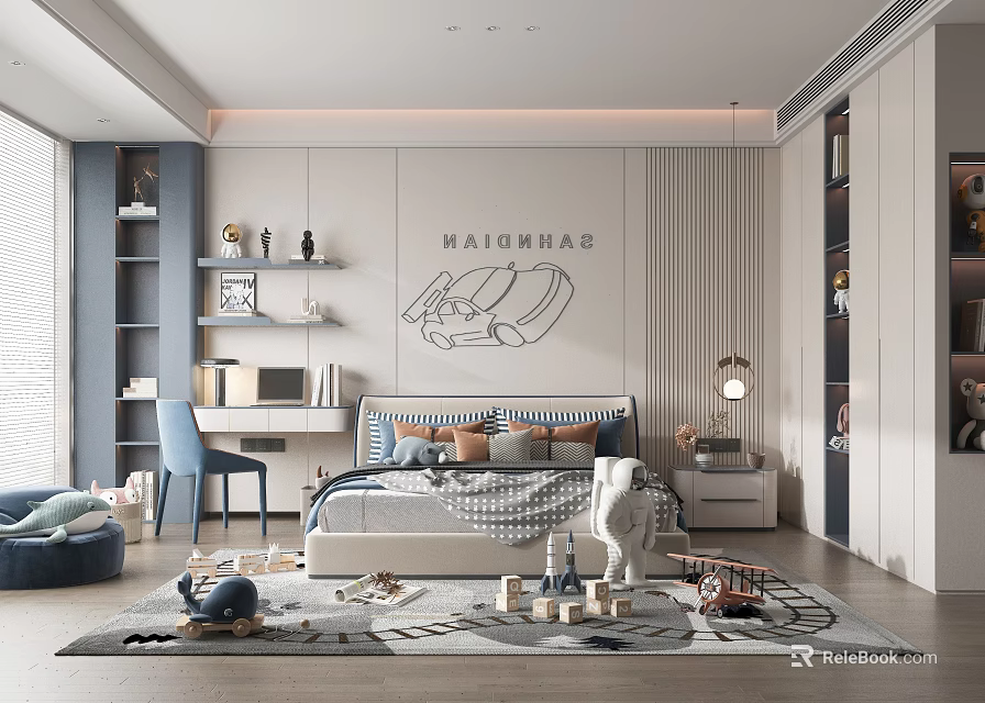 Modern Cozy Kids Room Interior With Bed Toys Desk And Decorative Wall Art 3d model 