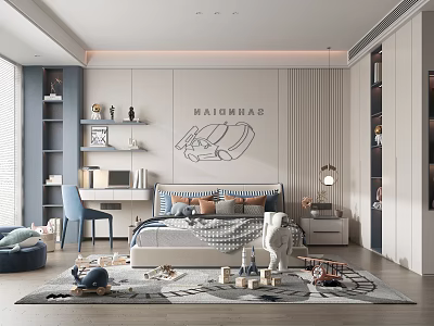 Modern Cozy Kids Room Interior With Bed Toys Desk And Decorative Wall Art 3d model