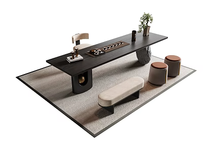 New Chinese Style Tea Table and Chair Low Stool Carpet 3d model
