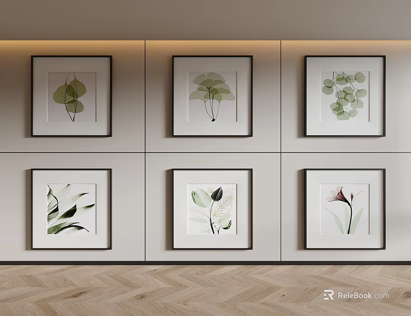 Six Botanical Paintings in Black Frames on Light Colored Wall with Wooden Floor Modern Decor 3d model 