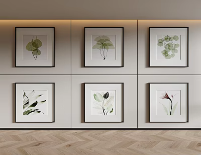 Six Botanical Paintings in Black Frames on Light Colored Wall with Wooden Floor Modern Decor 3d model