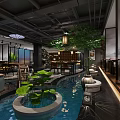 Traditional Tea House Interior With Lotus Pond Stone Landscape And Hanging Lanterns