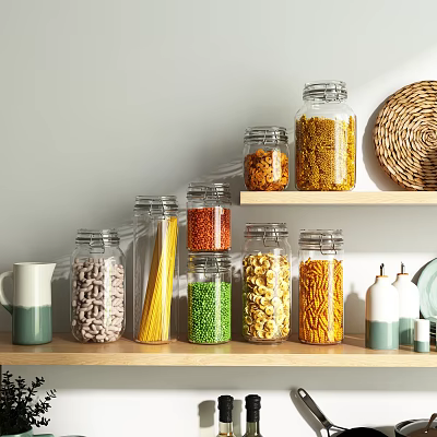 Ceramic Pitchers and Cups with Glass Jars of Grains and Wicker Mat on Wooden Shelves 3d model