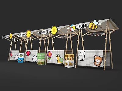 Fun Themed Market Stalls With Wooden Canopy And Cartoon Character Displays 3d model