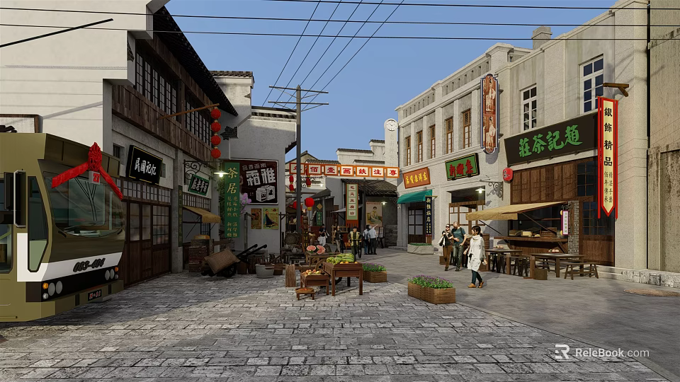 Traditional Commercial Street With Ancient Architecture Shops Red Lanterns And Pedestrians 3d model 