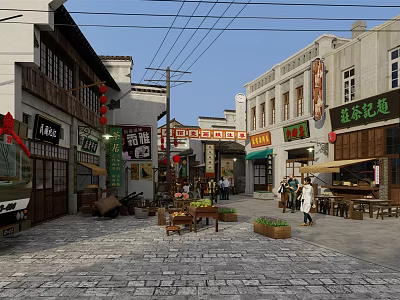 Traditional Commercial Street With Ancient Architecture Shops Red Lanterns And Pedestrians 3d model