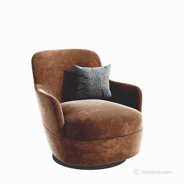 Brown Velvet Single Sofa With Rounded Design And Gray Geometric Pillow 3d model 