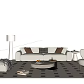 Modern Light Colored Sofa Coffee Table Set With Decorative Pillows Round Table And Geometric Rug