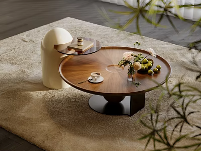 Round Wooden Coffee Table With Floral Bouquet Fruits And Coffee Cup On Carpet With Green Plants 3d model