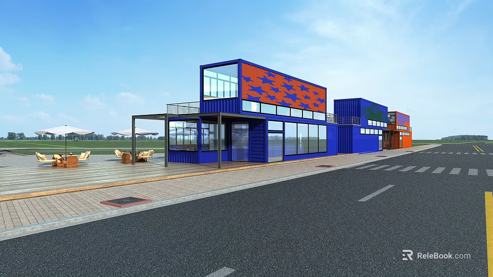 Modern Container Building With Blue Orange Containers Large Windows And Outdoor Seating 3d model