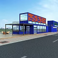 Modern Container Building With Blue Orange Containers Large Windows And Outdoor Seating 3d model