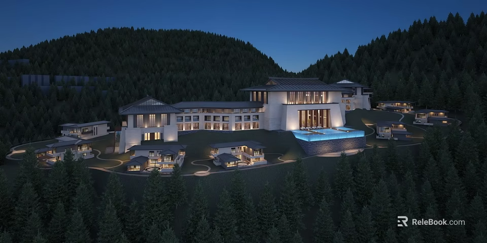 Modern Guesthouse Building in Mountain Forest With Night View And Outdoor Pool 3d model 