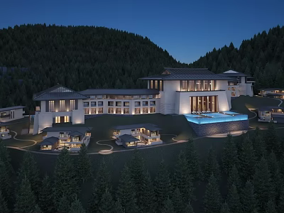 Modern Guesthouse Building in Mountain Forest With Night View And Outdoor Pool 3d model