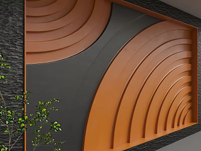 Contemporary Feature Wall With Layered Curved Orange And Gray Panels And Green Plants 3d model