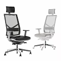 Modern Black And White Office Chairs With Mesh Back Headrest And Rolling Metal Base Wheels