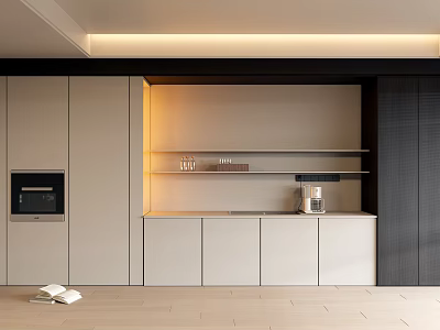 Modern Kitchen Sideboard With White Black Cabinets Open Shelves And Soft Lighting 3d model