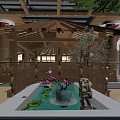 Cozy Wooden Dining Tables With Rattan Chairs In Spacious Themed Restaurant With Large Indoor Trees
